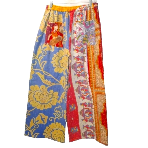 Kantha Wide Leg Pants Patch Pocket Patchwork Woman Large/XL Festival Boho #105B - Picture 2 of 12
